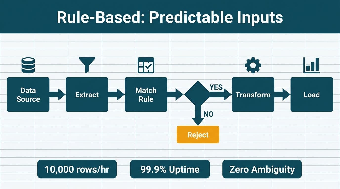 Five-step rule-based data pipeline with a decision node splitting matched rows from rejected records