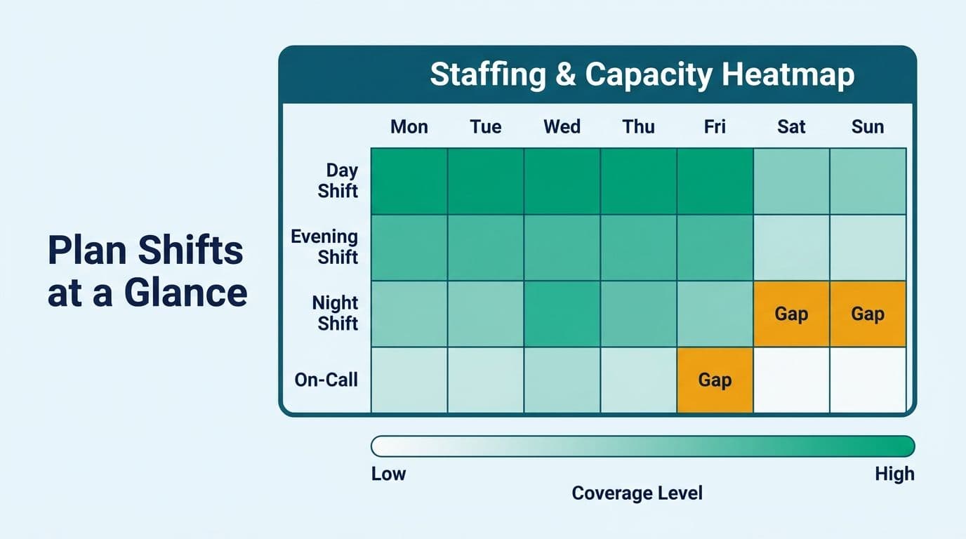 Weekly staffing heatmap with four shift rows across seven days, amber Gap cells marking understaffed Saturday and Sunday nights