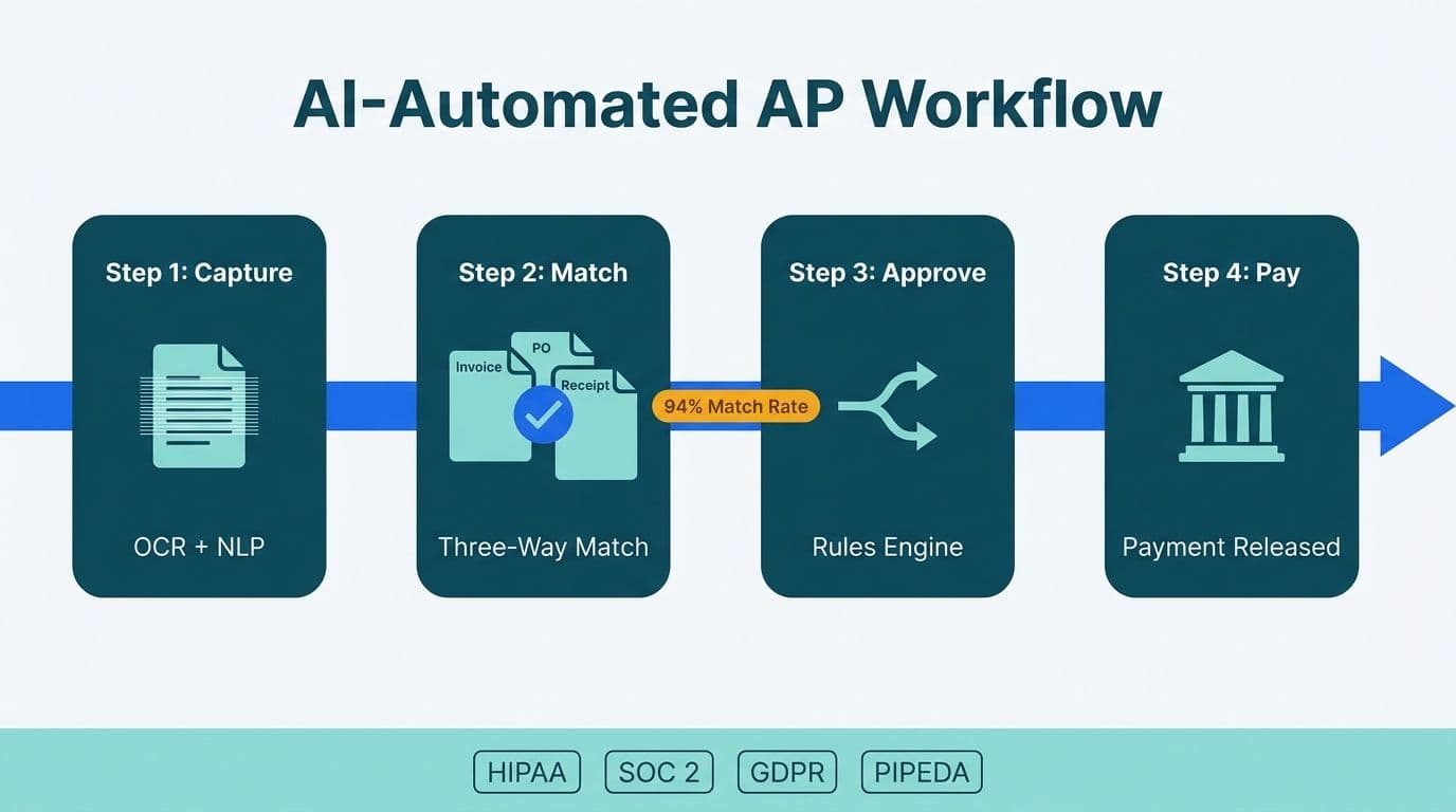 Four-step AI accounts payable pipeline diagram with invoice capture, matching, approval, and payment stages