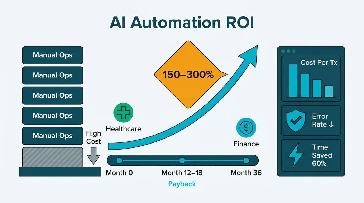 Three-zone chart comparing manual operations stack to AI-automated dashboard with 150-300% ROI curve and 12-18 month payback timeline