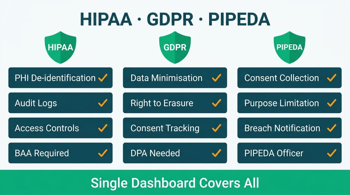 Three-column table mapping HIPAA, GDPR, and PIPEDA compliance requirements with checkmarks for each