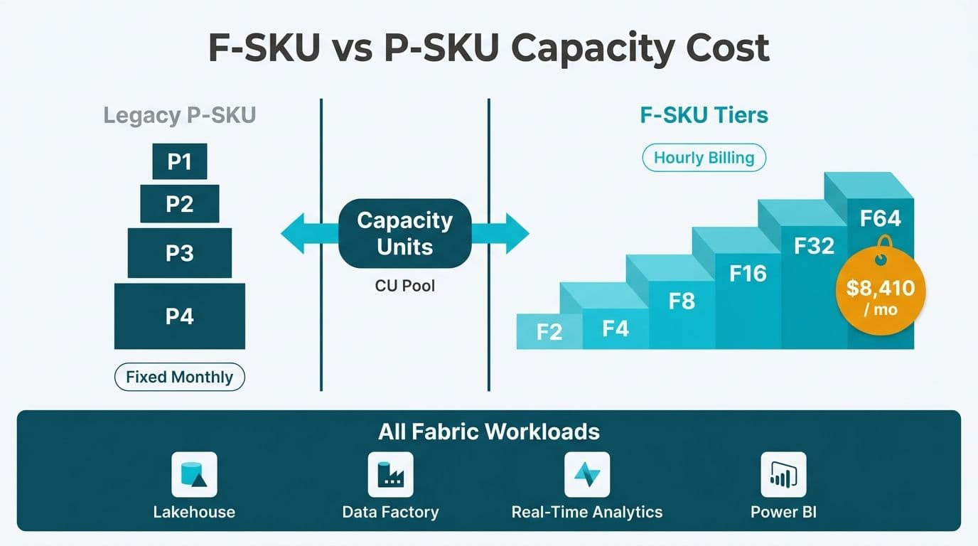 Side-by-side comparison of P-SKU stacked blocks and F-SKU stepped tiers connected by a shared Capacity Units bridge above a unified Fabric workload bar