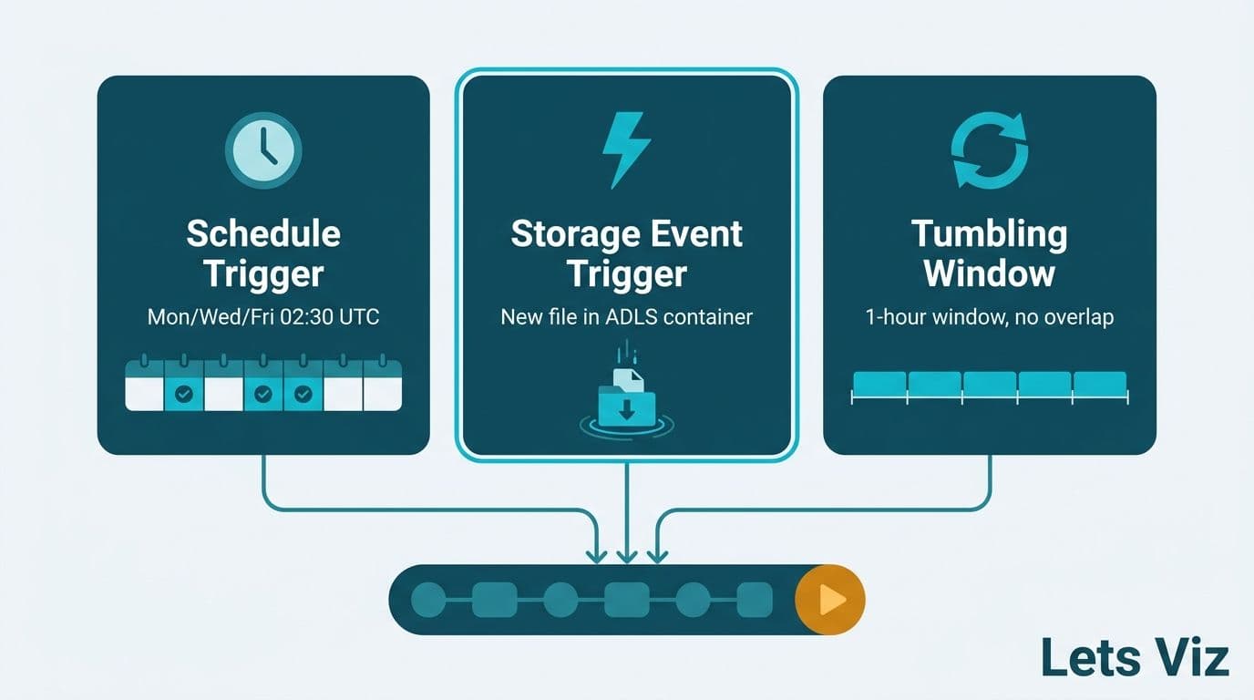 Three Fabric pipeline trigger types — Schedule, Storage Event, and Tumbling Window — compared side by side