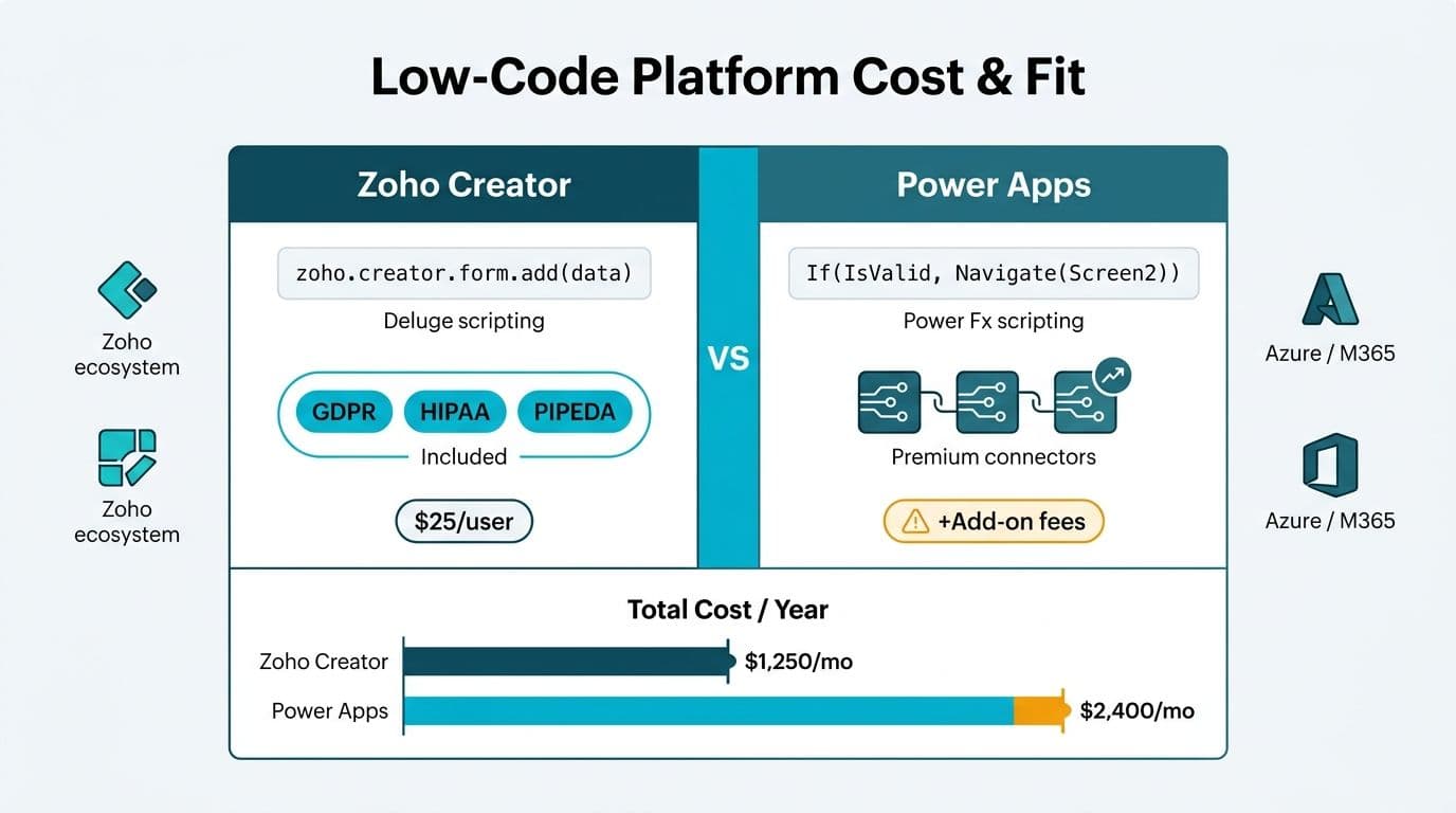 Split comparison card contrasting Zoho Creator and Power Apps on pricing, scripting, and compliance coverage