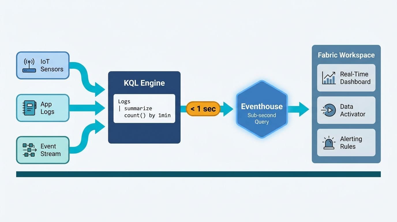 KQL engine processing three event stream inputs into Eventhouse storage inside a unified Fabric workspace
