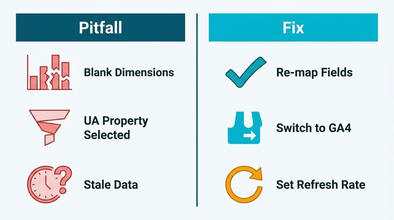 Two-column pitfall-versus-fix table for GA4 Looker Studio setup showing three common configuration errors
