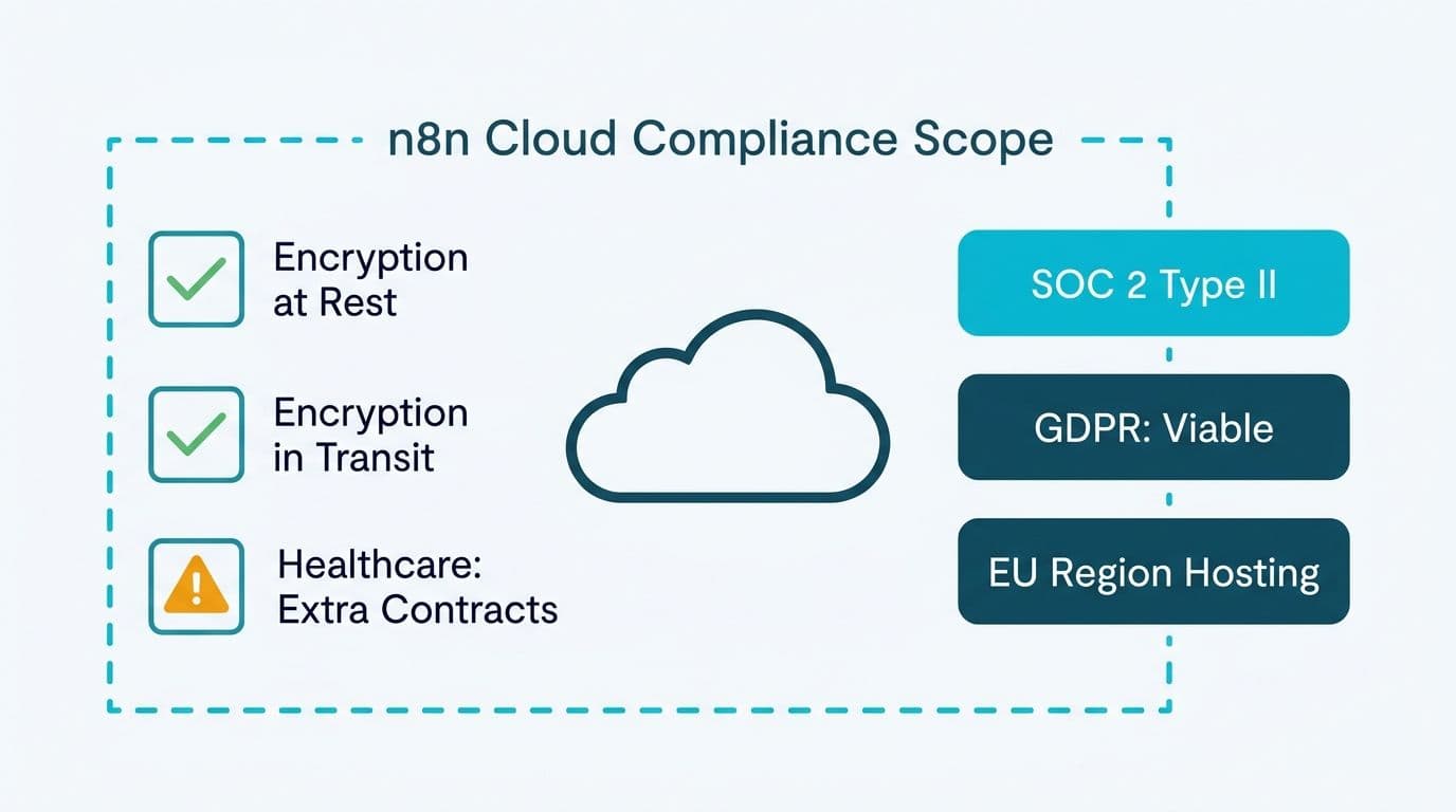 Cloud compliance diagram showing SOC 2 Type II, GDPR viability, and EU region hosting badges alongside encryption checklist with healthcare contract warning