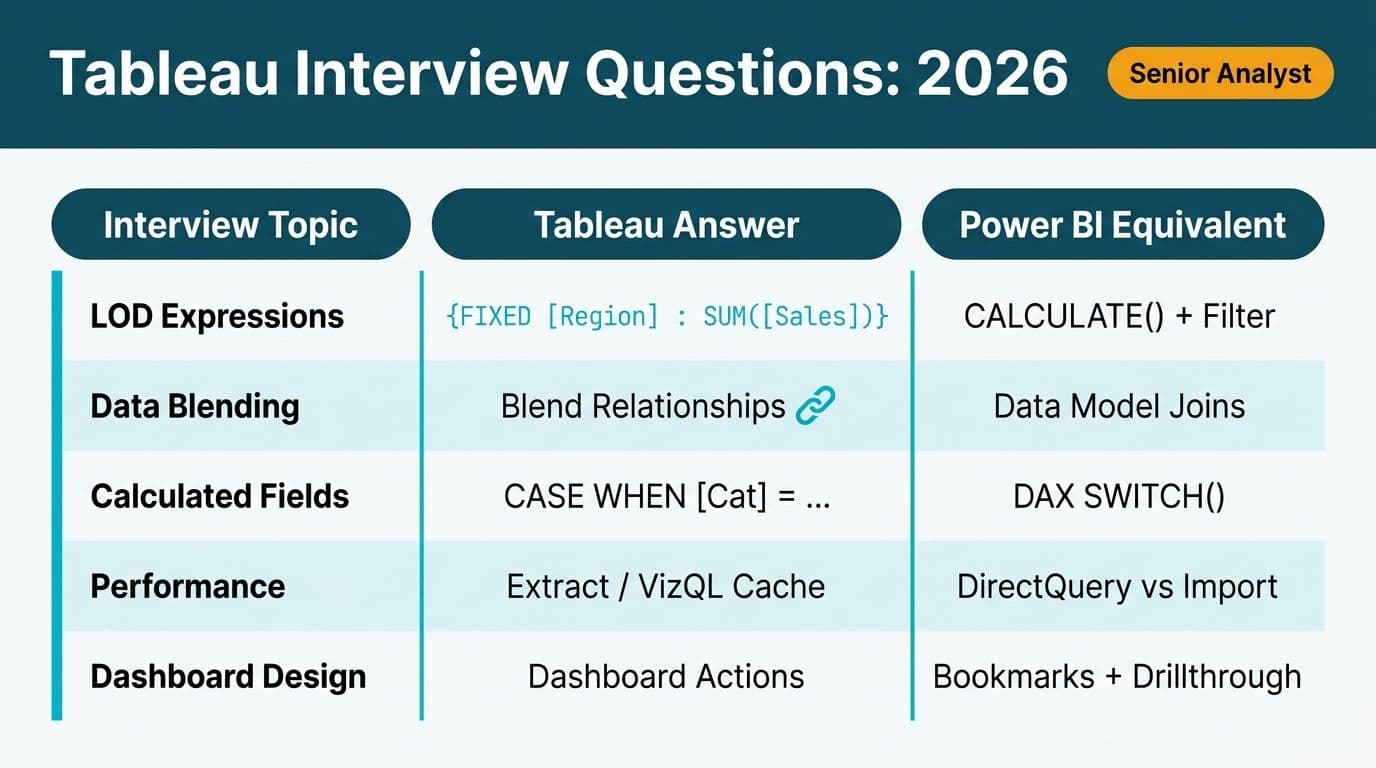 Three-column interview study table mapping Tableau concepts to Power BI equivalents for data analyst candidates