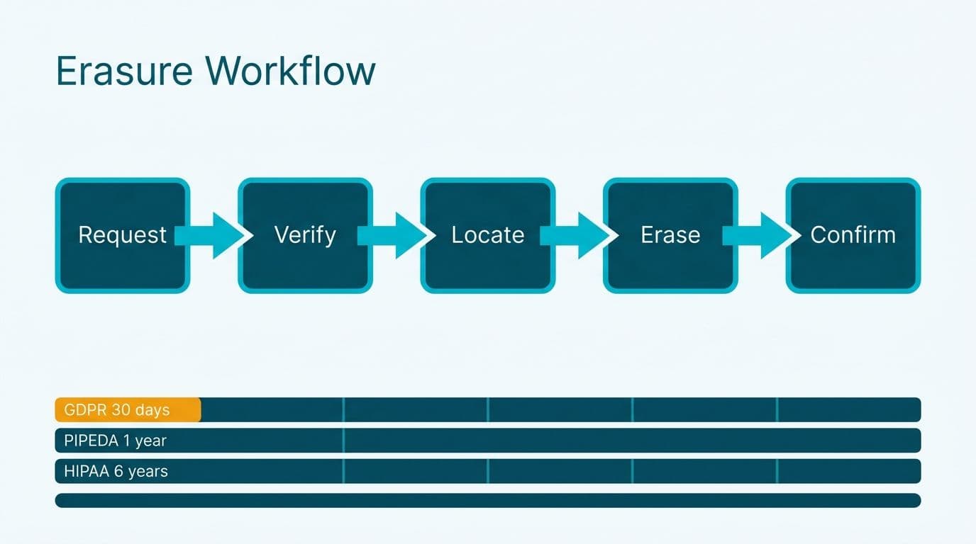 Five-step right-to-erasure workflow above retention window comparison for GDPR, PIPEDA, HIPAA