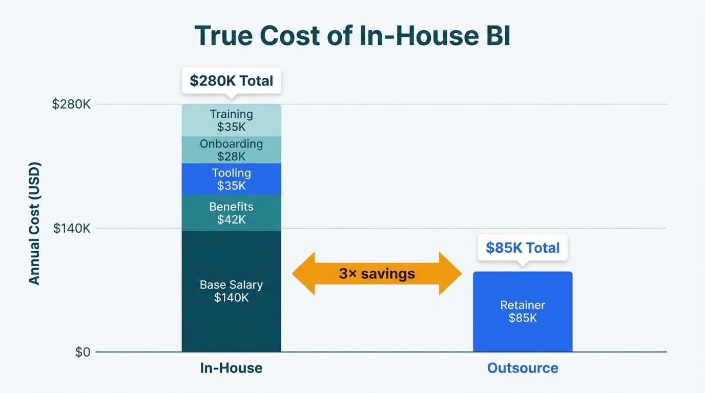 Stacked bar chart breaking down fully-loaded in-house BI team costs versus a single outsourced retainer fee