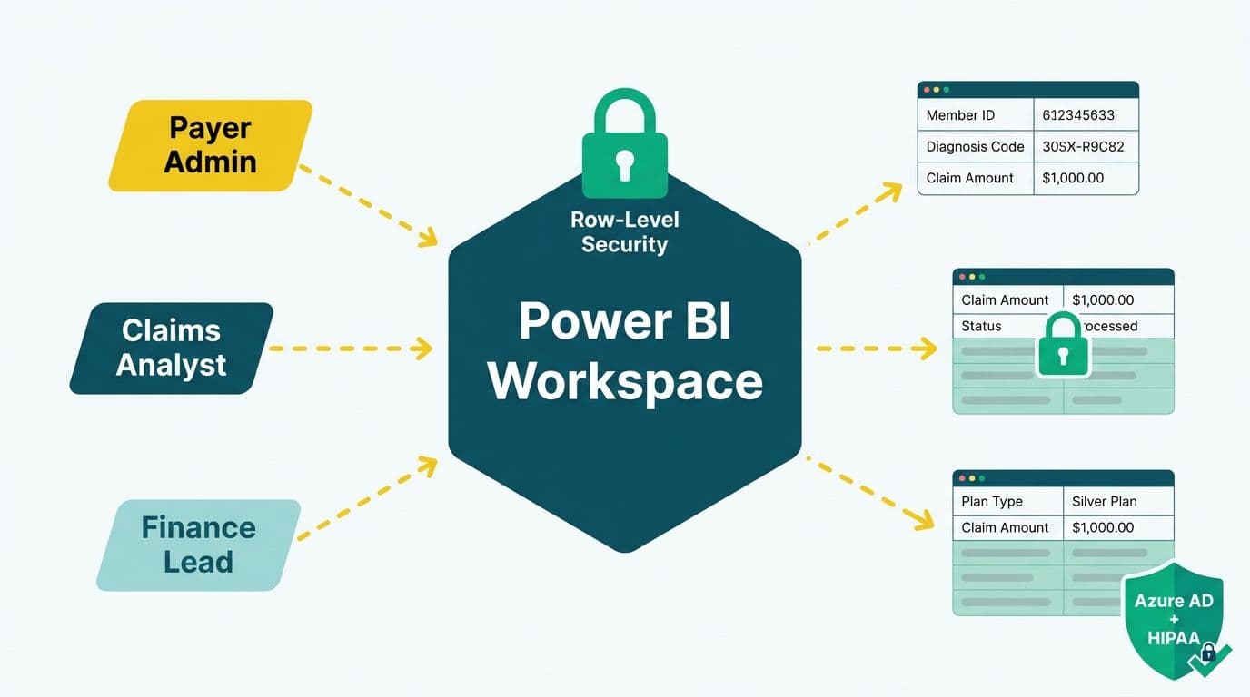 Row-level security diagram with three payer roles each seeing different subsets of claims data in Power BI