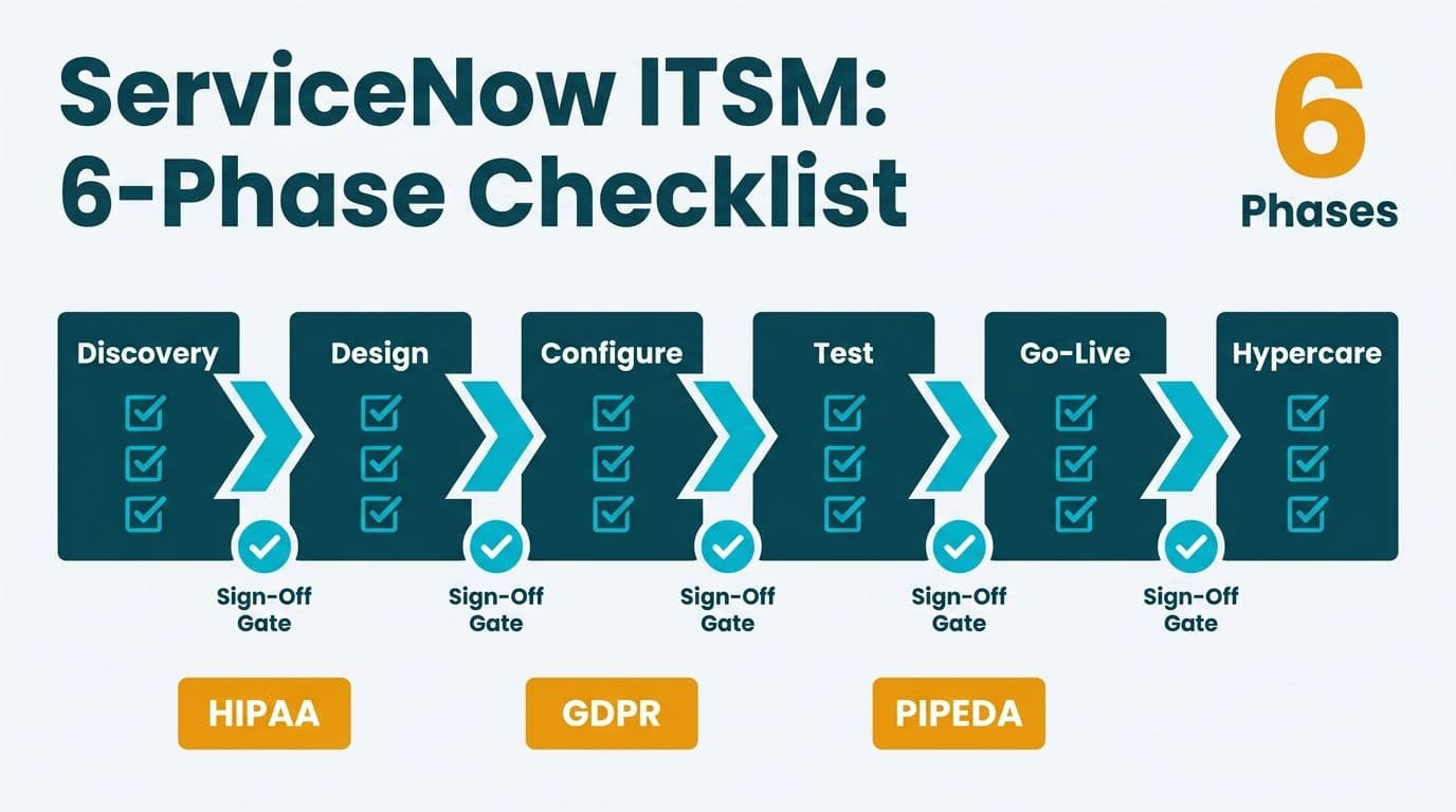 Six-phase ServiceNow ITSM implementation pipeline with sign-off gates and HIPAA GDPR PIPEDA compliance badges