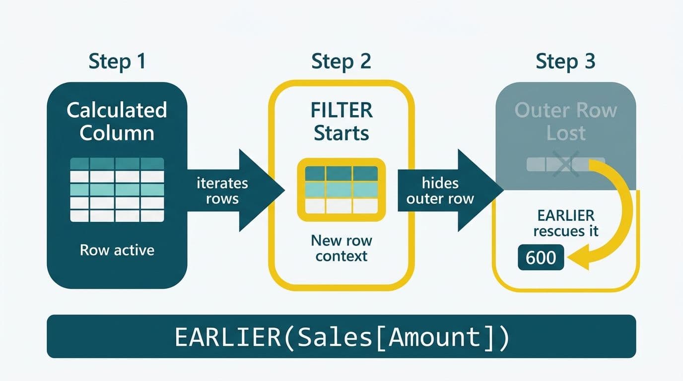 Three-step flow diagram showing calculated column row context hidden by a nested FILTER, then rescued by the EARLIER function