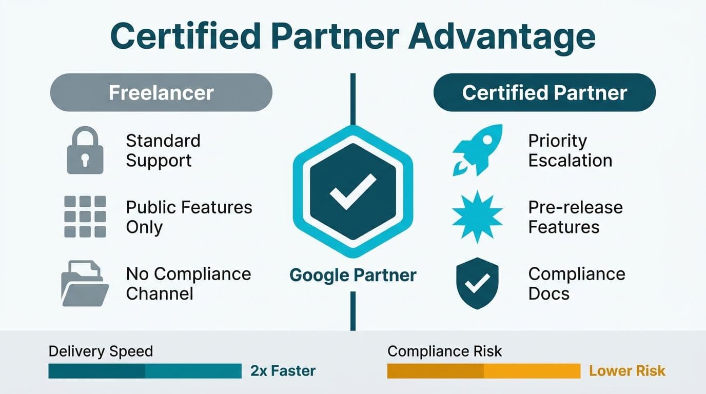 Side-by-side comparison showing freelancer limitations versus certified Looker Studio partner benefits, with central badge