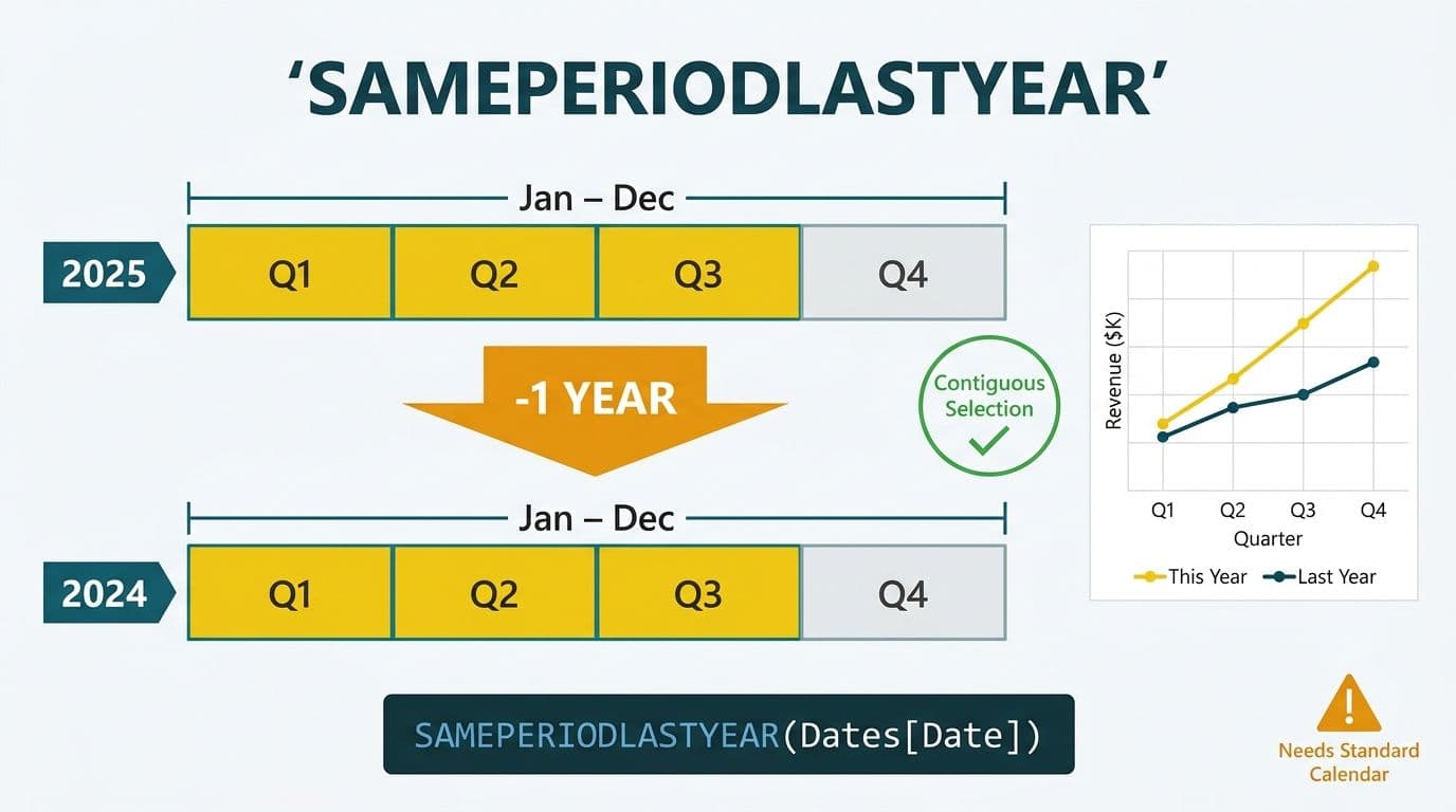 SAMEPERIODLASTYEAR mapping Q1-Q3 2025 back to identical quarters in 2024 on a standard Jan-Dec calendar