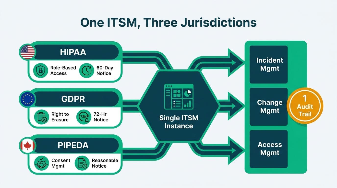 Three regulatory lanes — HIPAA, GDPR, PIPEDA — flowing into one central ServiceNow ITSM hub and converging into a unified audit trail
