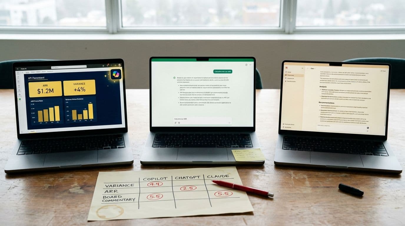 A finance analyst evaluating three laptops side by side showing Copilot, ChatGPT, and Claude interfaces, with printed finance comparison report and handwritten scores in foreground