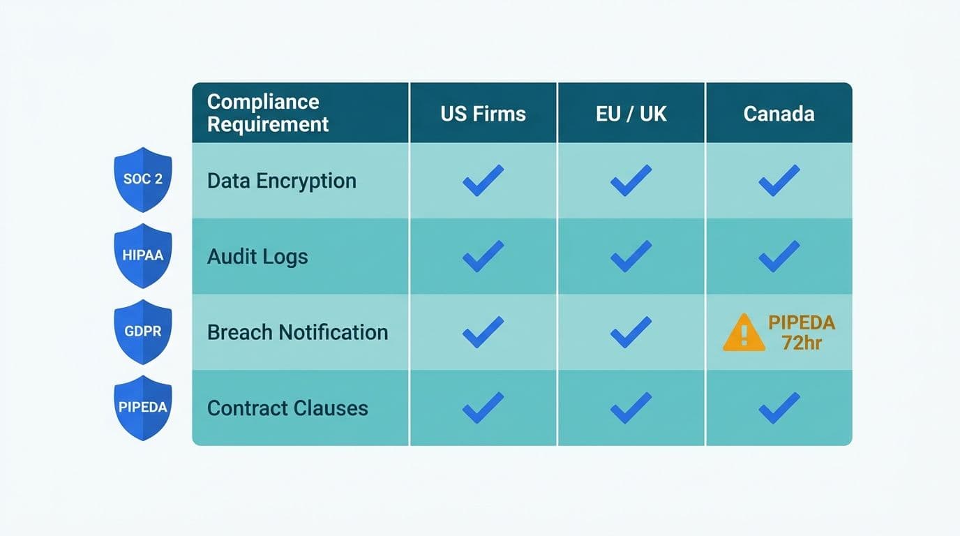 Compliance matrix mapping SOC 2, HIPAA, GDPR, and PIPEDA requirements across US, EU, and Canada jurisdictions
