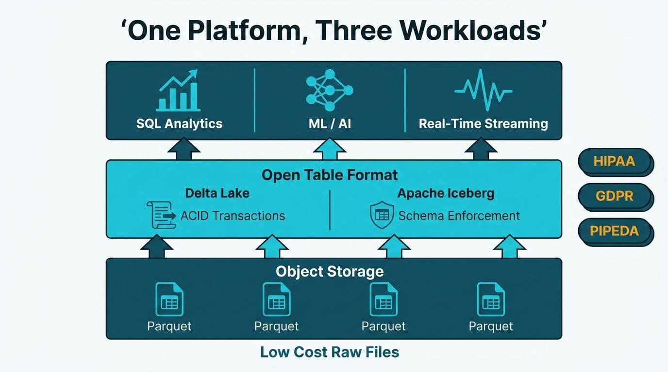 Three-tier lakehouse architecture stack showing object storage, open table format layer, and unified SQL, ML, and streaming workloads