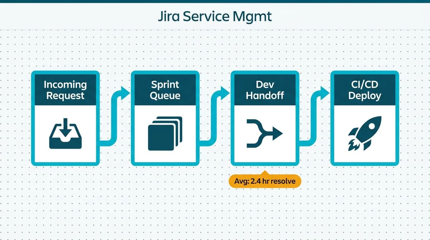 Jira Service Management four-stage dev pipeline from incoming request through sprint queue to CI/CD deployment