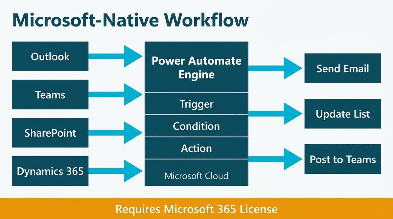 Power Automate pipeline connecting Microsoft 365 apps through a cloud engine to automated outputs