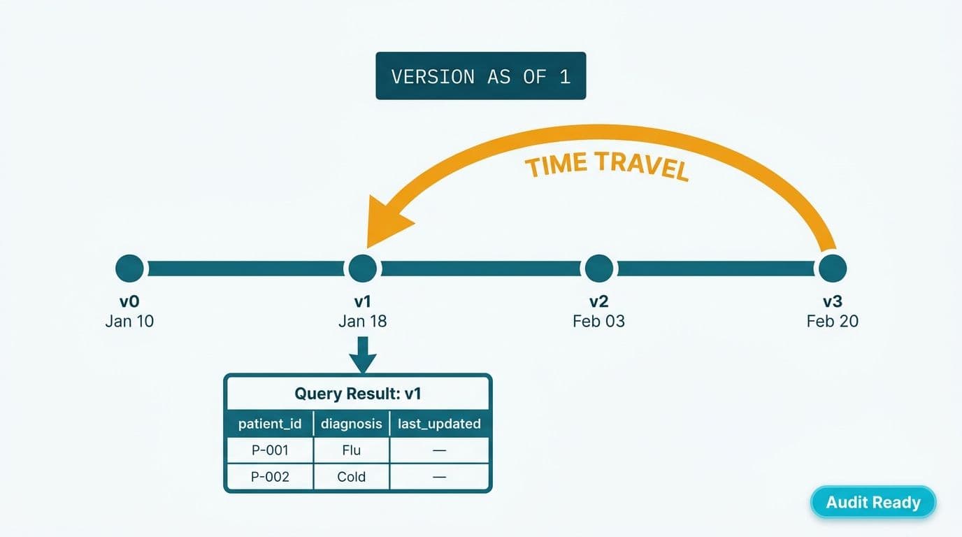 Delta Lake time-travel timeline with amber arc arrow landing on v1 and displaying past-state query result table