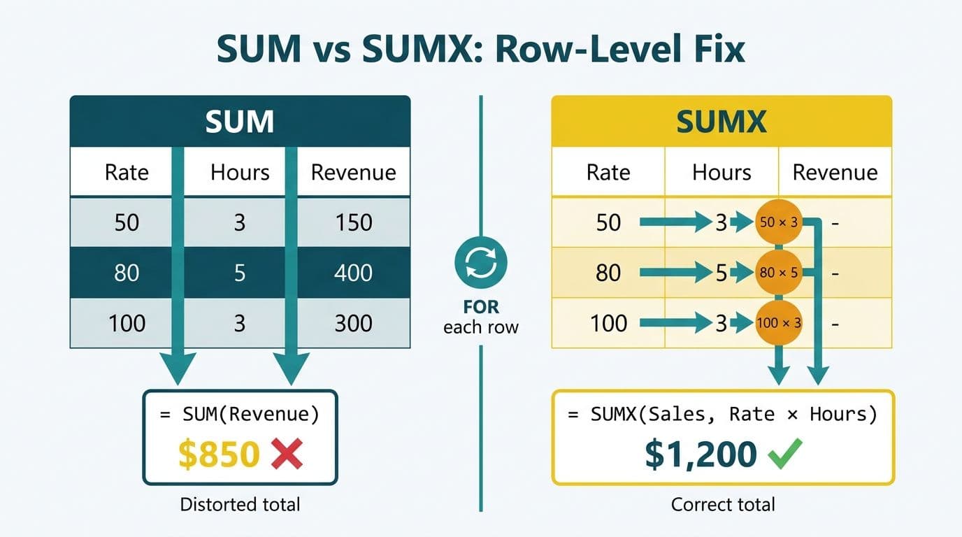 Side-by-side comparison showing SUM returning a wrong total versus SUMX iterating row-by-row to produce the correct result