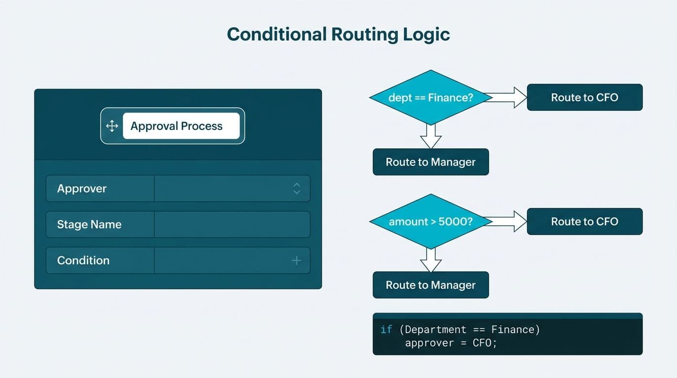 Zoho Creator approval block configuration panel beside a Deluge conditional routing decision tree