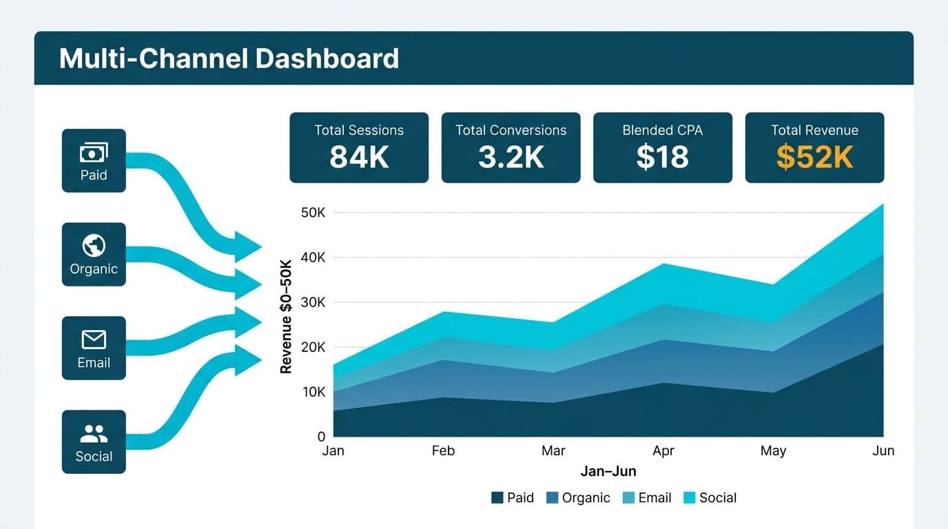 Multi-channel Looker Studio dashboard combining paid, organic, email, and social into one stacked revenue chart