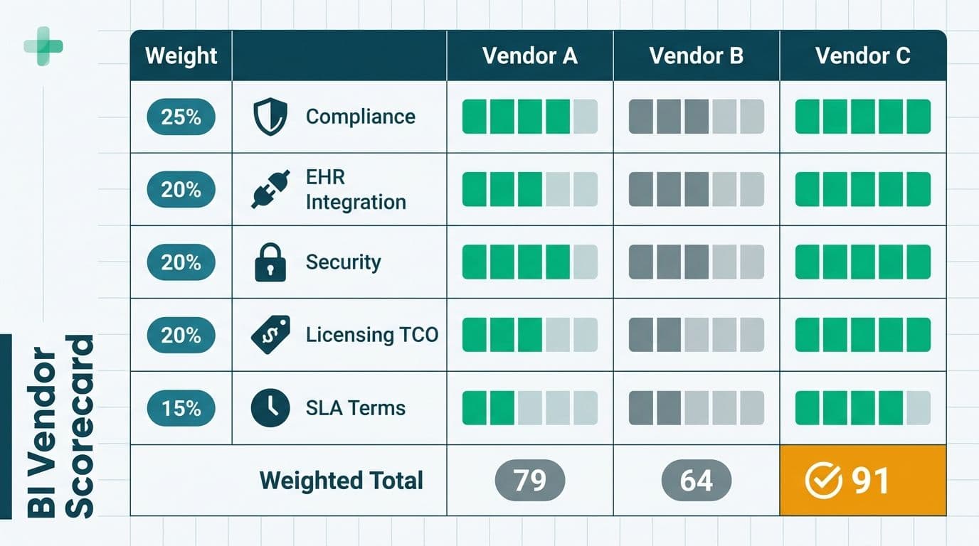Weighted scorecard matrix comparing three healthcare BI vendors across compliance, EHR integration, security, TCO, and SLA domains