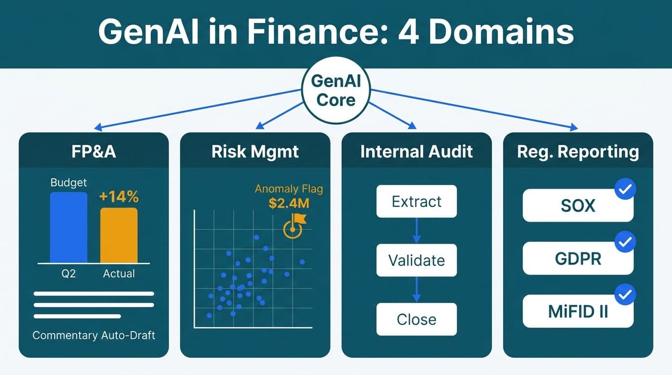 Four-panel infographic mapping GenAI deployments across FP&A, risk management, internal audit, and regulatory reporting