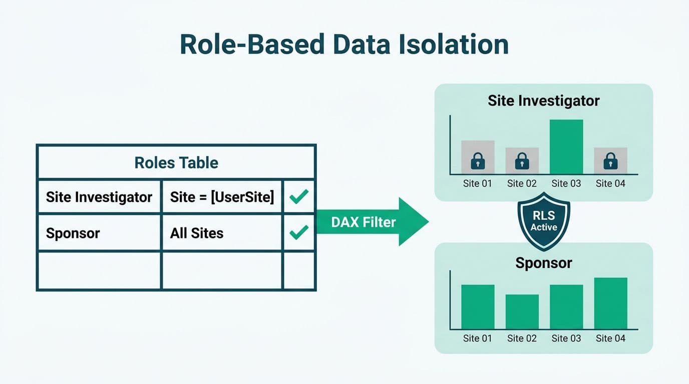 RLS roles table with DAX filter splitting site-investigator restricted view from sponsor full view