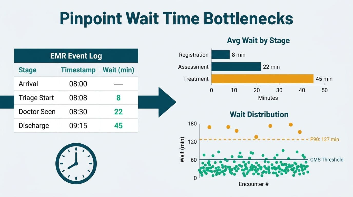 EMR timestamp table beside a bar chart of wait times by stage and a scatter plot showing outliers above the P90 threshold