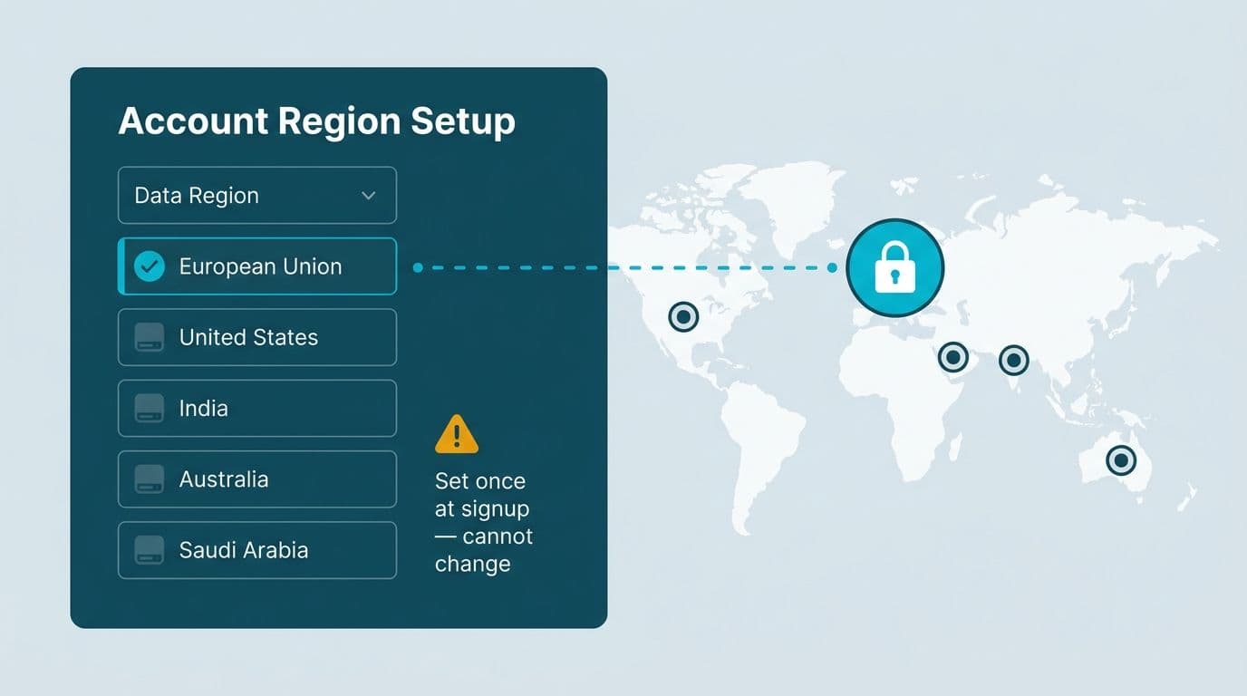 Account region setup panel with EU data center selected from a five-region dropdown