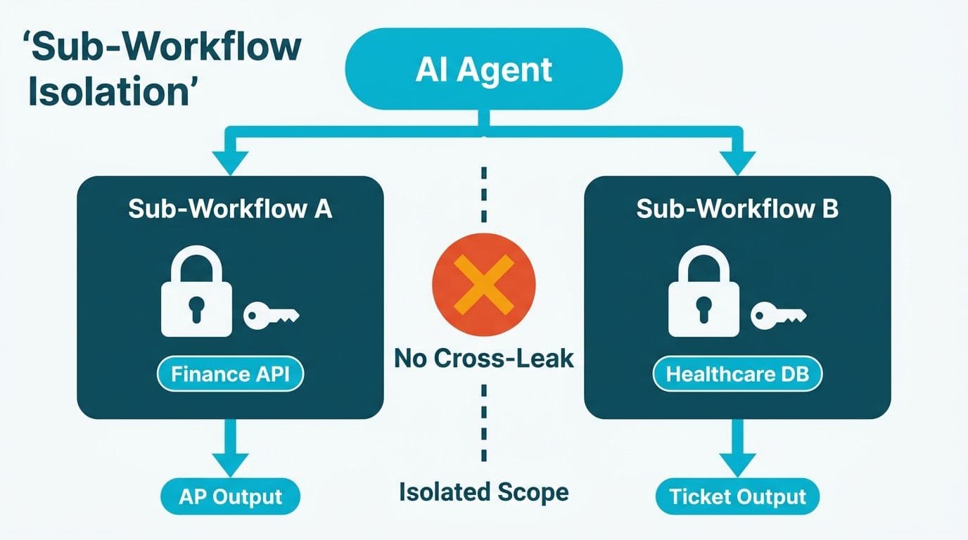 Two n8n sub-workflows with separate credential scopes—Finance API and Healthcare DB—fed by one AI agent with no credential crossover