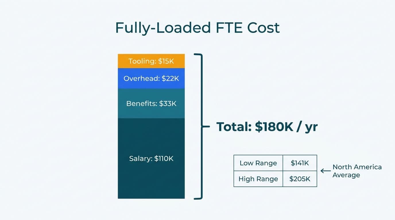 Stacked bar breaking down salary, benefits, overhead, and tooling costs of a fully-loaded Power BI FTE