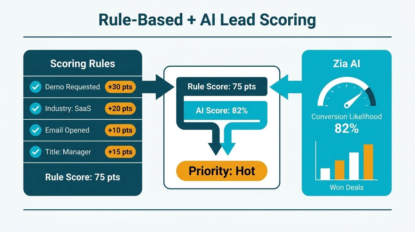 Rule-based scoring conditions and Zia AI prediction converging into a lead priority score