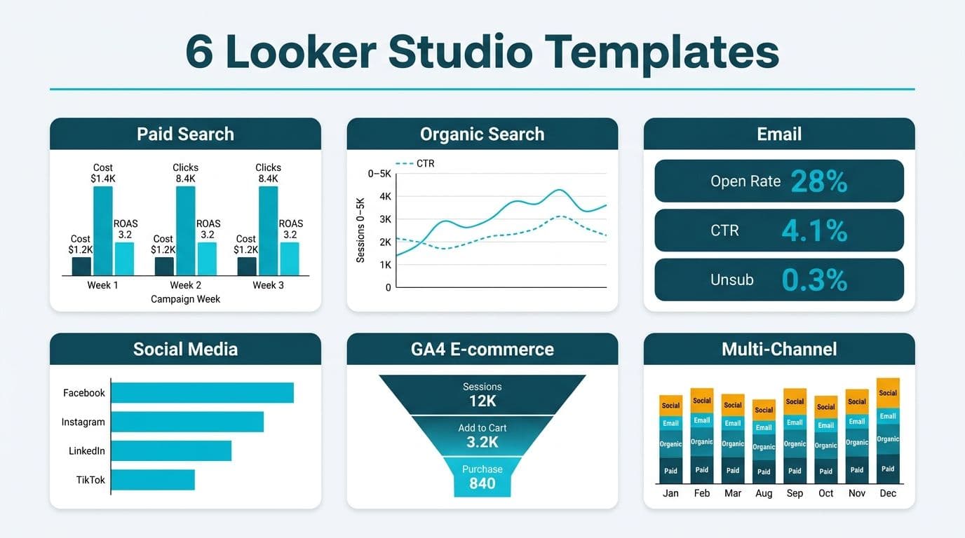 Six Looker Studio marketing dashboard templates in a grid: paid search, organic, email, social, GA4 e-commerce, multi-channel