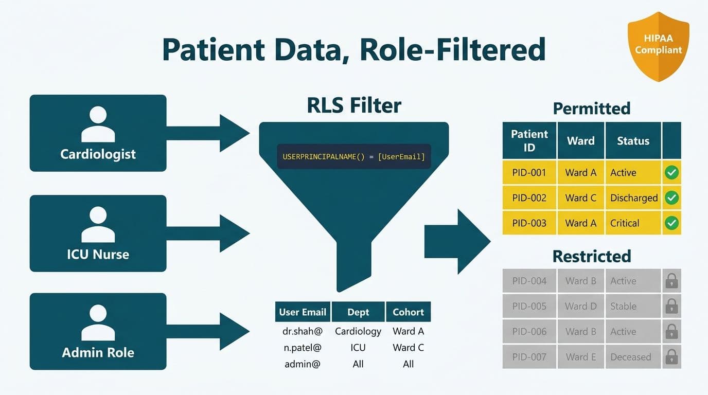 Three clinician role cards filtered through a teal RLS funnel revealing only their permitted patient rows