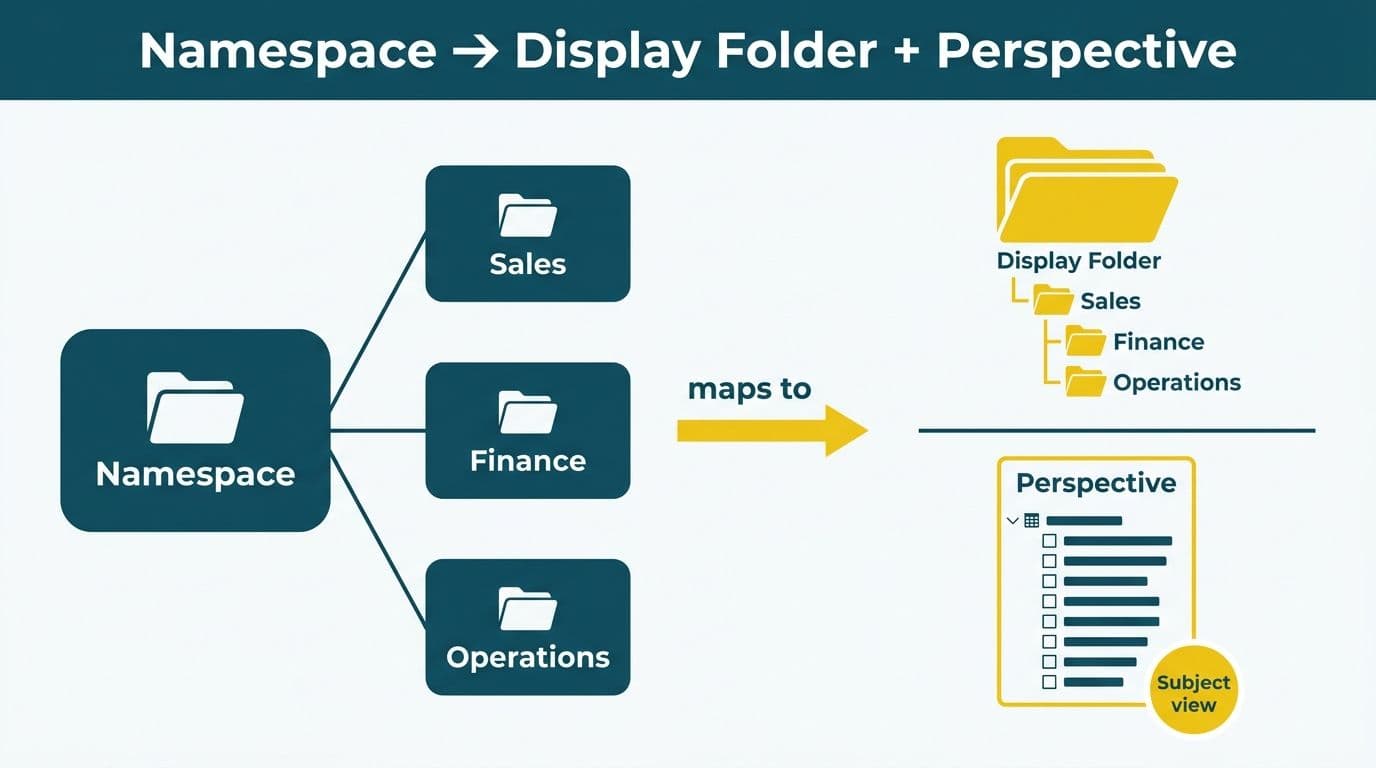 Cognos namespace hierarchy tree mapping to Power BI display folders and a perspectives frame