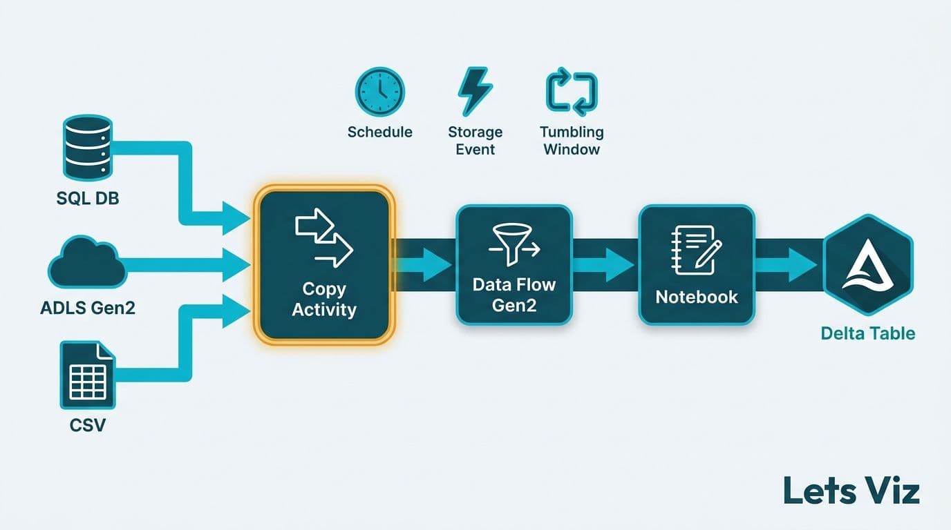 Fabric Data Factory canvas showing Copy Activity, Data Flow Gen2, and Delta Lakehouse connected by pipeline arrows