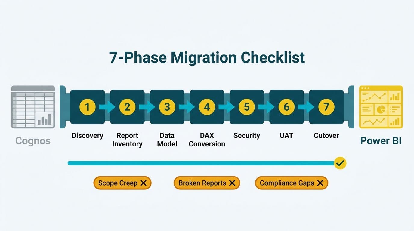 Seven-phase teal pipeline roadmap flowing from a Cognos legacy report icon to a Power BI dashboard, with three crossed-out go-live risk labels below