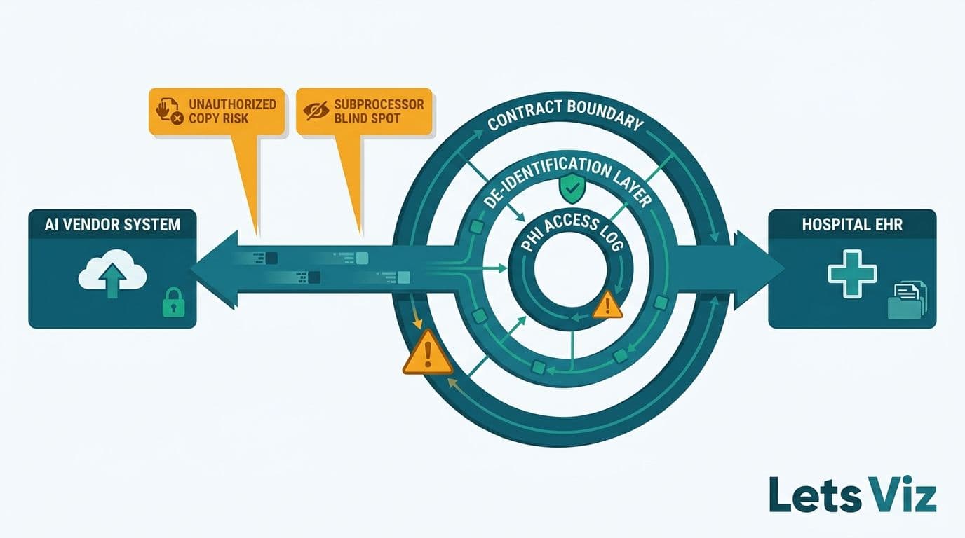 Vendor data-flow diagram showing PHI access control layers with two compliance gaps flagged