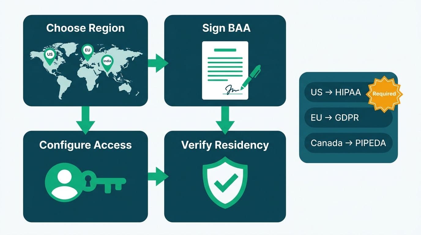 Four-step setup wizard for Zoho Analytics data center selection showing region choice, BAA signing, access config, and residency verification
