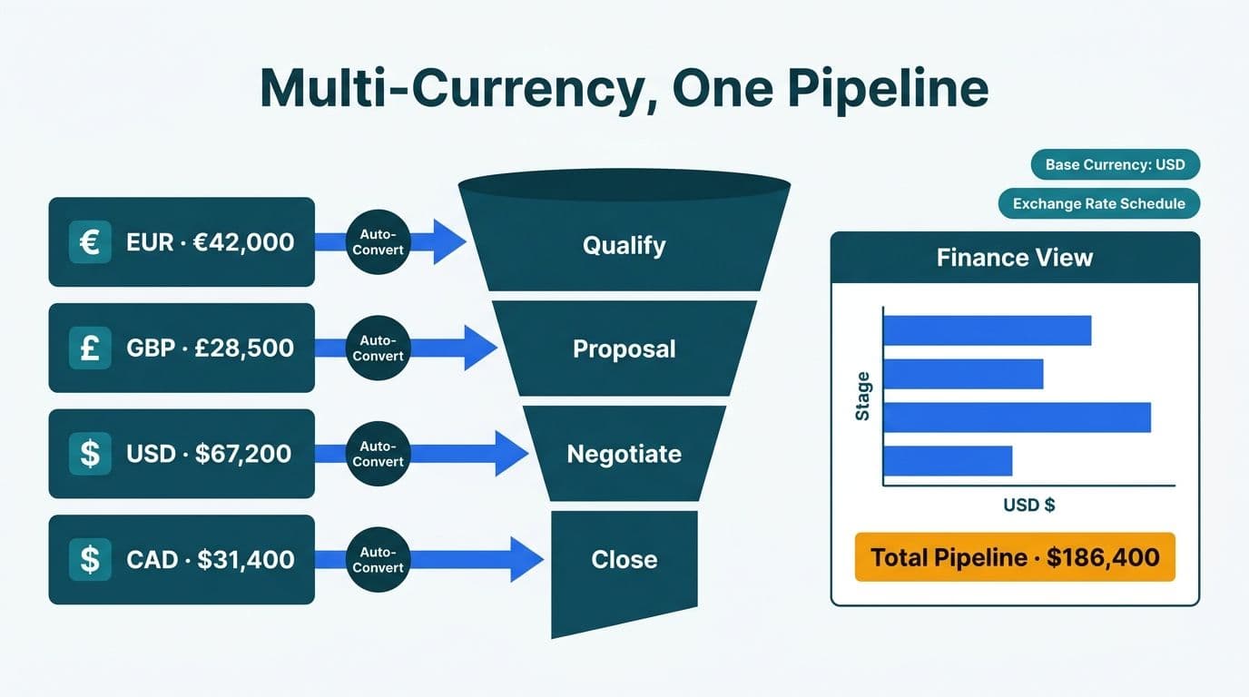 Four local-currency deal cards converging through auto-convert arrows into a unified USD pipeline dashboard
