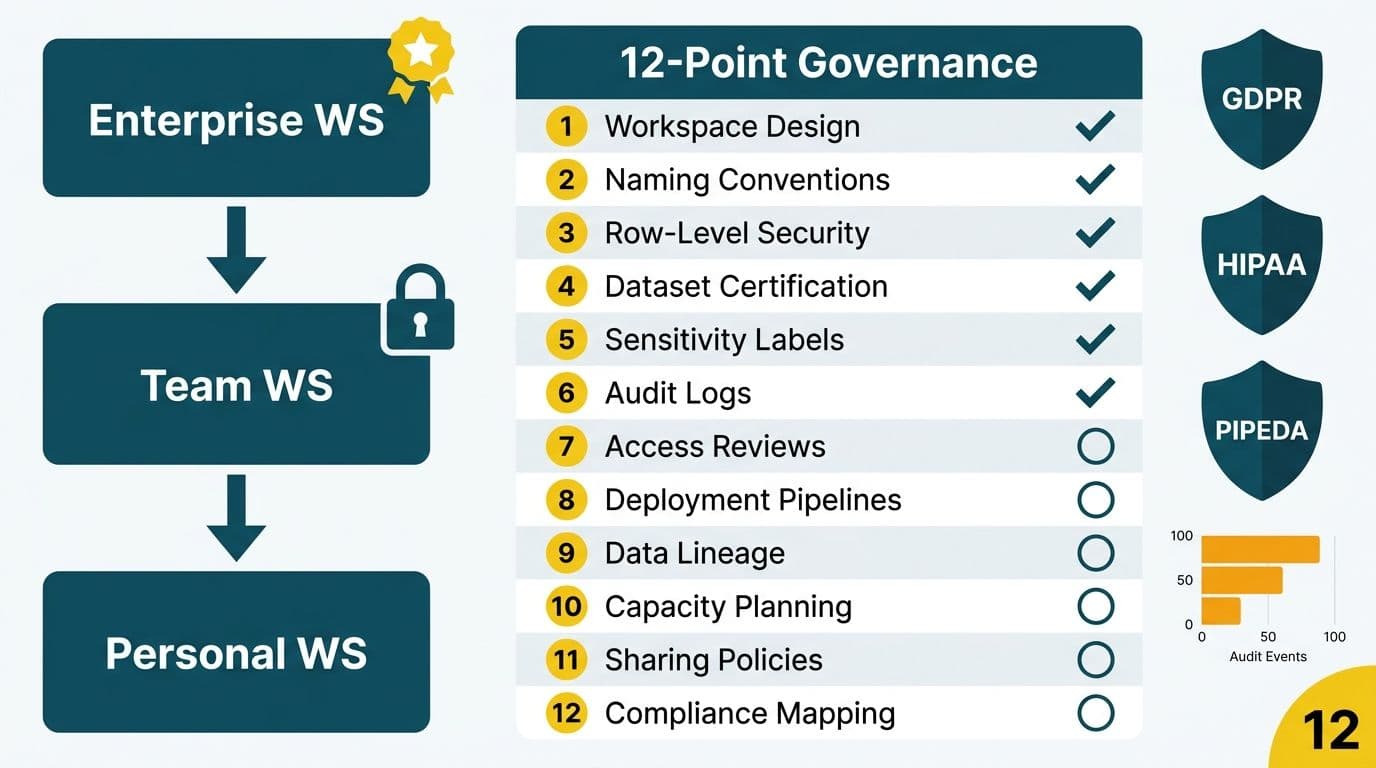 Twelve-point Power BI governance checklist beside a workspace hierarchy diagram and GDPR, HIPAA, PIPEDA compliance shields