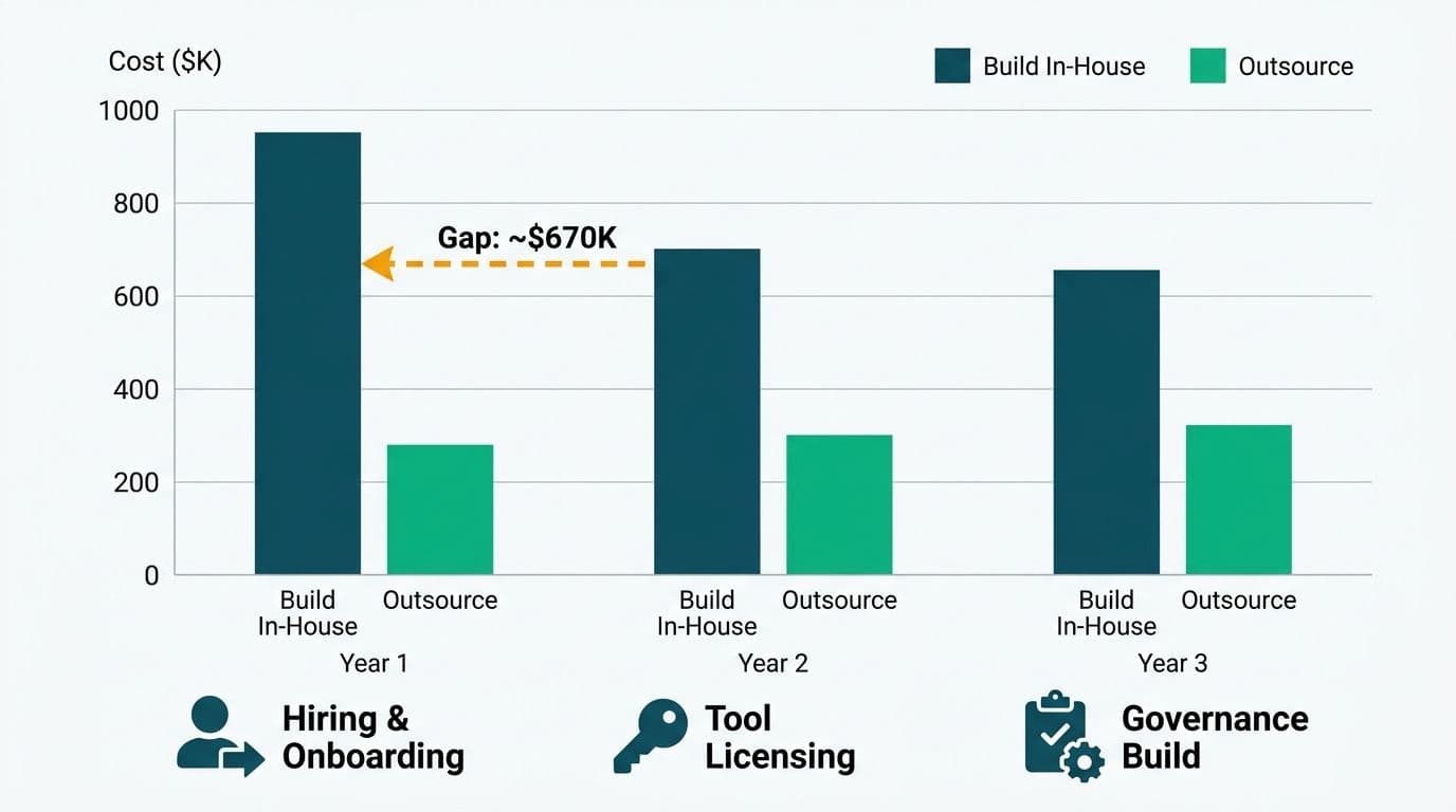 Grouped bar chart showing three-year cost gap between in-house and outsourced healthcare analytics spending