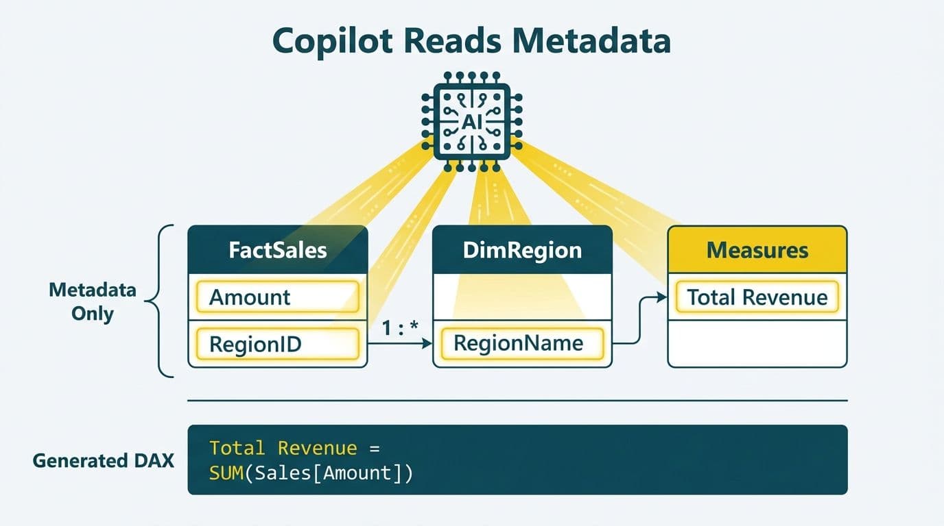 AI chip emitting scan beams over semantic model table schemas with generated DAX code below