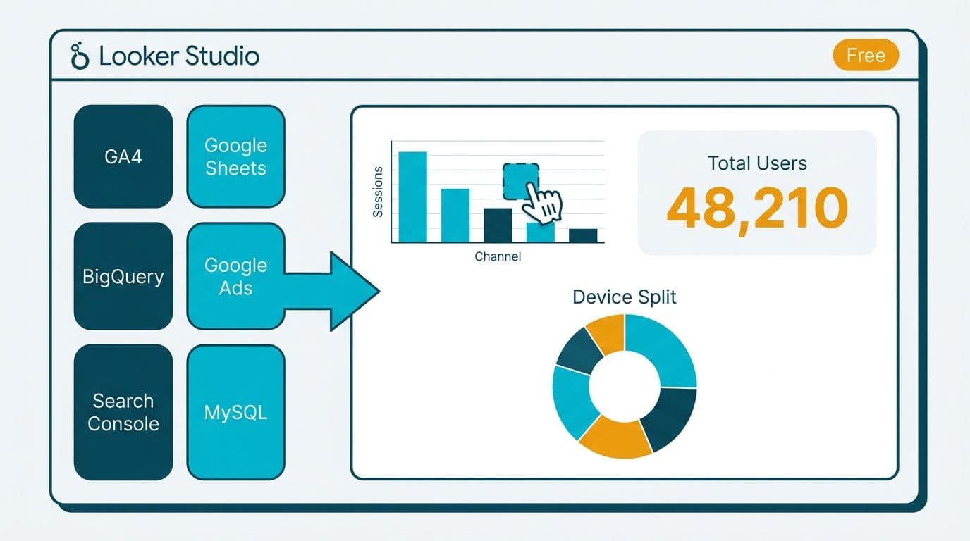 Browser window connecting six Google data source tiles via arrow into a self-service report canvas with bar chart, KPI card, and donut chart