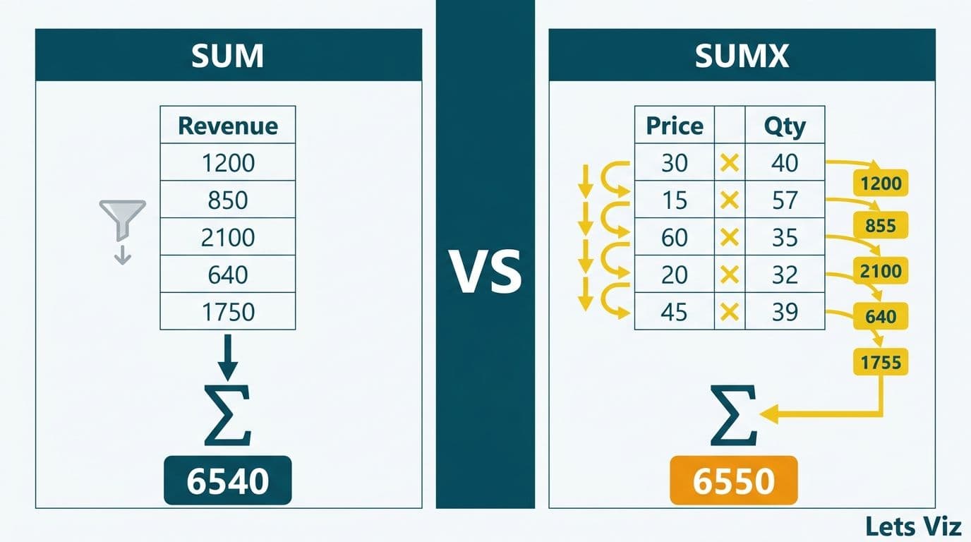Split diagram contrasting SUM column aggregation against SUMX row-by-row multiplication iteration with diverging totals